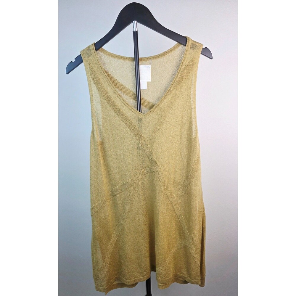 MARLA WYNNE Sheer Fine Knit V-Neck Tunic Tank Prairie Sand Side Slits SZ Medium